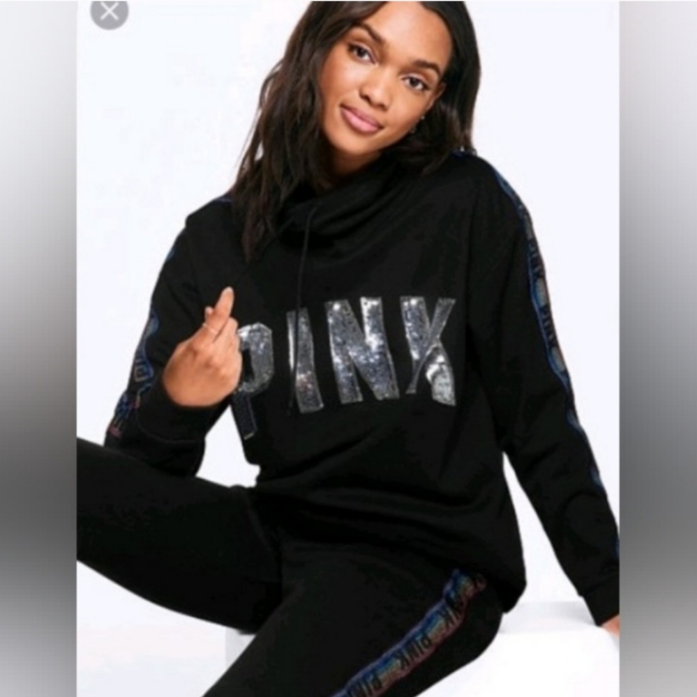 PINK VS Cowlneck Sweatshirt w/ Sequin Logo Glitter Rainbow🌈 Logo Tapestry